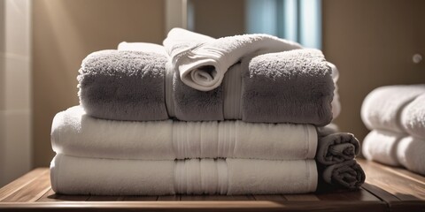 Stack of Fresh Towels in a Hotel Room. A photo of a neatly folded stack of white towels on a wooden table in a hotel room. The table has dark stained legs
