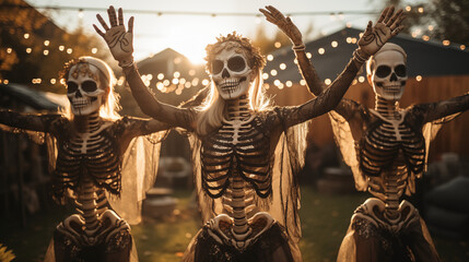 Halloween Celebration with Dancing Skeletons and Golden Hour Light - obrazy, fototapety, plakaty