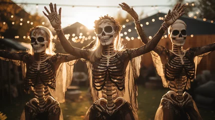 Fotobehang Halloween Celebration with Dancing Skeletons and Golden Hour Light © heroimage.io