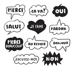Collection of French phrases. Speech bubbles. Outline design. Hand drawn illustrations on white background.