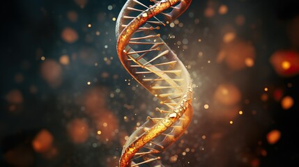 Shimmering golden DNA helix stands out with an artistic blur, representing life, science, and genetic research