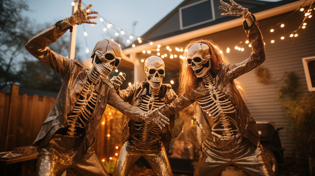 Festive Skeleton Trio Dancing in Shimmering Outfits