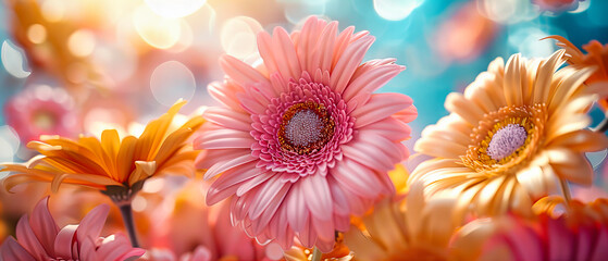 Fototapeta premium Soft Pink Gerbera Daisies, Delicate and Fresh Floral Beauty, Bright and Cheerful Blossoms, Spring and Summer Vibes