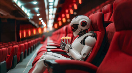 Robot experiencing human leisure at the cinema. Generative AI image