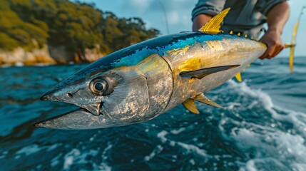 With a victorious stance, the angler proudly holds up a large predatory fish, showcasing the success of an exhilarating summer ocean fishing adventure.