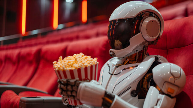 Futuristic robot enjoying popcorn in a movie theater. Generative AI image