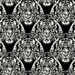Vector seamless pattern with tiger heads. Endless stylish texture. Ripple repeating background. Monochrome  animal portrait print. Can be used as swatch in Illustrator.