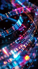 A mesmerizing swirl of tech circuitry paired with multicolored bokeh lights, encapsulating dynamic movement.