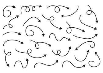 Doodle arrows. Hand drawn line pointers, pencil sketch elements, round curly wavy direction arrows. Vector linear black arrow set. Used in web , templates . Isolated on white background&nbsp;in&nbsp;eps&nbsp;10.