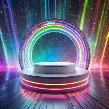 background with lights.A high-tech mockup of an empty round podium stand surrounded by glowing neon lights, set on a futuristic stage with a rainbow flare background. The scene radiates energy and exc