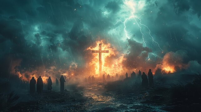 A Christian cross on a hill bursts into flames struck by lightning, leaving pilgrims watching the holy spectacle in awe