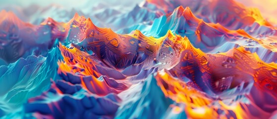 This image captures the essence of a digital terrain, with fiery oranges and cool blues clashing in a sea of virtual waves.