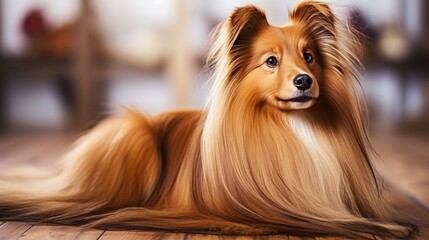 Professional groomer caring for collie breed long, well-groomed hair in salon session