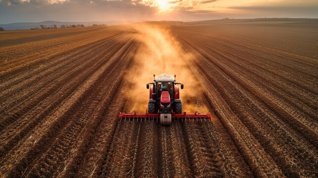 Before sowing grain, a combine harvester is seen working in an agricultural field, plowing the fertile land as viewed from a drone.
