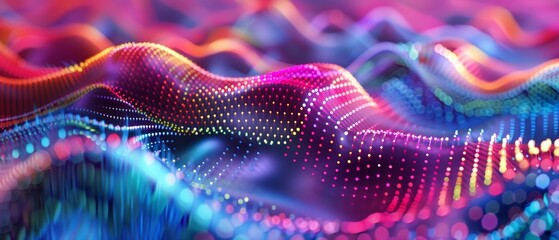 A vibrant digital artwork displaying flowing waves of multicolored lights creating a dynamic and futuristic feel.