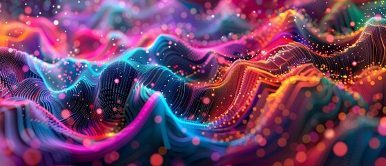 An image featuring a seamless pattern of digital waves with bright dots and a gradient of neon colors enhancing a techno vibe.