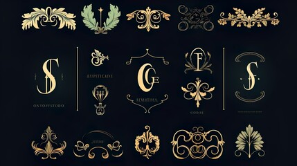 Vintage golden decorative elements showcase intricate design work, ideal for ornate branding and embellishments