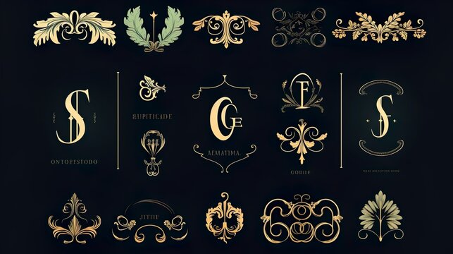 Vintage golden decorative elements showcase intricate design work, ideal for ornate branding and embellishments