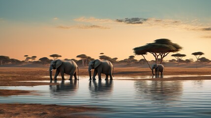 In the golden light of dusk, a family of elephants quenches their thirst at a waterhole surrounded by African savannah