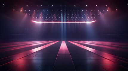 A digital illustration of an empty stage lit by dramatic red and blue lights, creating a perfect setting for performances