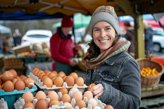 a woman standing in front of a display of eggs