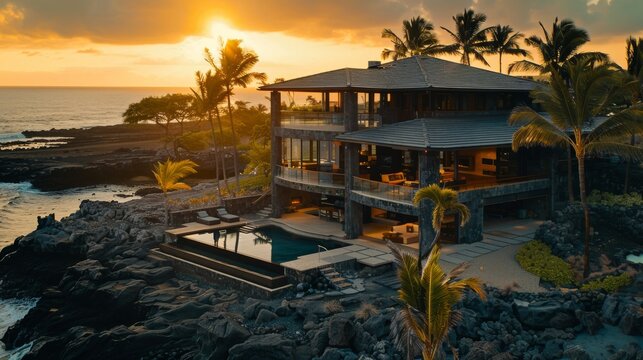 photo of a luxury home in kailua kona, hawaii; dramatic lighting, sunflare, cinematic