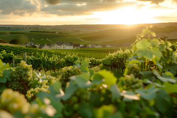 Photo of a grape valley in Burgundy, France. Grape clusters in close-up. The landscape of the...