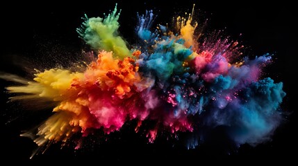 Vivid and dynamic explosion of multicolored powder with a visible red placeholder box against a black background