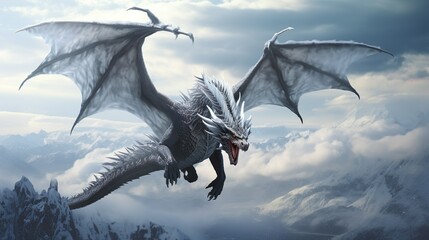 An icy blue dragon with vast wings soars through a cloudy sky surrounded by snow-covered mountain tops