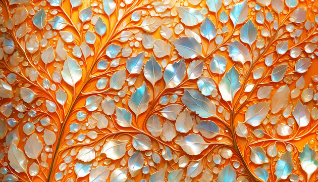 dekorative Vorlage mit Blätter Formen in Perlmutt auf Hintergrund in orange für Karten Geburtstag Liebe Grüße Einladungen Postkarte herzliche Wünsche Freundschaft Verpackungen Herbst Sommer