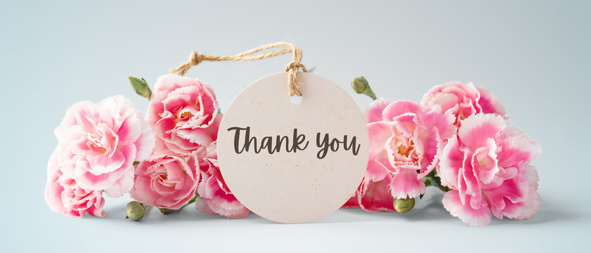 Thank you tag with pink carnation flowers on blue background