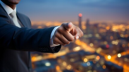 Pointing finger gesture on city background. Male hand shows Finger at camera