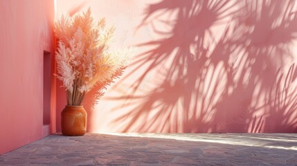 minimalism scandinavian interior background colour PANTONE 13-1023 Peach Fuzz. decorative flowers...