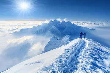 Two People Standing on Top of a Snow Covered Mountain