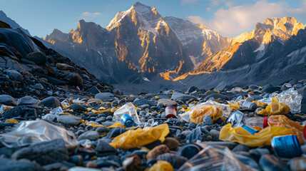 A mountain peak, with discarded food wrappers scattered on the rocky terrain as the background, during an alpine cleanup expedition - obrazy, fototapety, plakaty