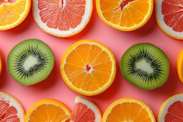 Assorted citrus fruit slices on a vibrant pink background, including orange, grapefruit, kiwi, and lemon slices