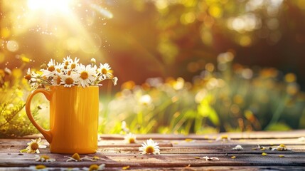 Spring and summer background. Yellow teacup filled with fresh daisies, set upon a rustic wooden table.	 - obrazy, fototapety, plakaty
