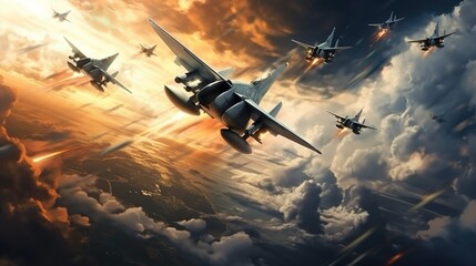 An exhilarating scene of multiple fighter planes in formation with dynamic lighting and clouds surrounding them Captures the essence of air combat