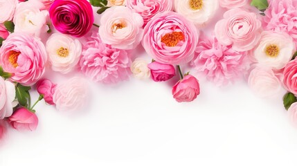 Soft pink shades encompass this collection of different flowers, artistically arranged with ample copy space on a white background
