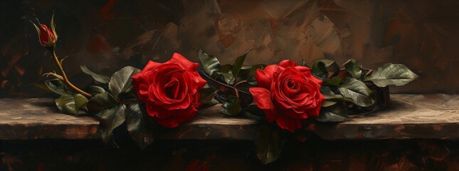 Delicate red roses on stone ledge against brown background in artistic painting