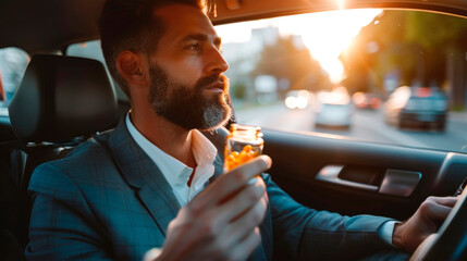 A businessman driving at sunset, focused on the road, holding a jar of snacks, suggesting busy lifestyle and multitasking. A man drinks medicine while driving. Heart problems. Banner. Copy space
