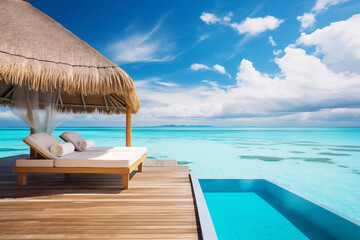 Obraz premium Beautiful tropical landscape with wooden overwater villa with pool and lounge furniture.