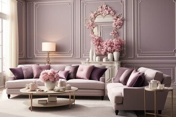 Stylish living room interior, blending modern and classic design elements with a serene color palette dominated by calming purple tones, creating an elegant and tranquil atmosphere.