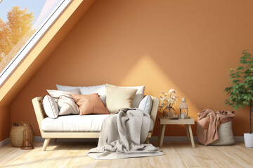 Fototapeta na wymiar Comfortable double sofa in a cozy attic setting with rustic charm. The warm and inviting space features exposed wooden beams and soft, inviting lighting.