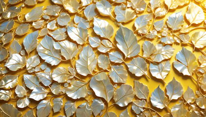 dekorative Vorlage mit Blätter Formen in Perlmutt auf Hintergrund in gelb für Karten Geburtstag Liebe Grüße Einladungen Postkarte herzliche Wünsche Freundschaft Verpackungen Herbst Sommer