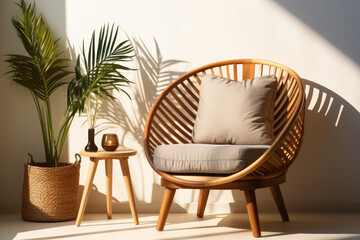 Cozy woven armchair is placed next to a large indoor plant in a natural setting. The comfortable chair and the greenery create a peaceful and inviting atmosphere.