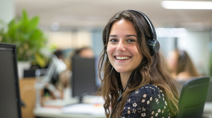 Portuguese woman with headset, smiling at camera, sitting in an office - obrazy, fototapety, plakaty