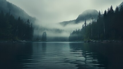 A serene lake mirrors the mist-enveloped mountains and forests in a twilight that exudes tranquility and mystery