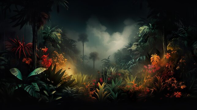 Ethereal light filters through fog in a lush jungle scene filled with exotic plants and warm, glowing flora
