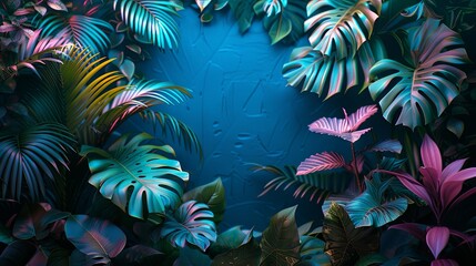 A vibrant display of neon lights in shades of green and blue intertwined with lush tropical foliage